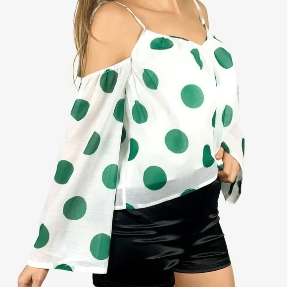 Line & Dot Green Polka‎ Dot Top Size XS White Green Cold Shoulder Flowy Summer
