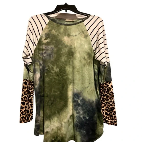 REB. In J. Brand Baseball Style Green Tie-Dye and Leopard Print Long Sleeve Top