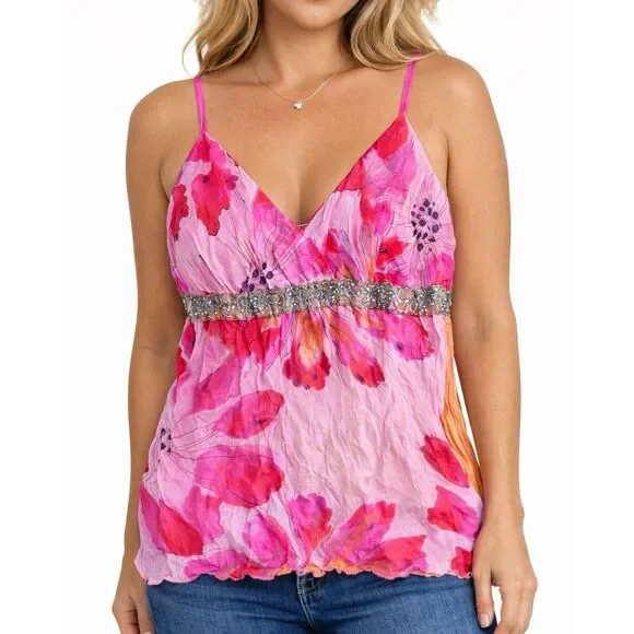 Hale Bob Silk Floral Beaded Spaghetti Strap Cami Tank Top Pink Orange M NEW