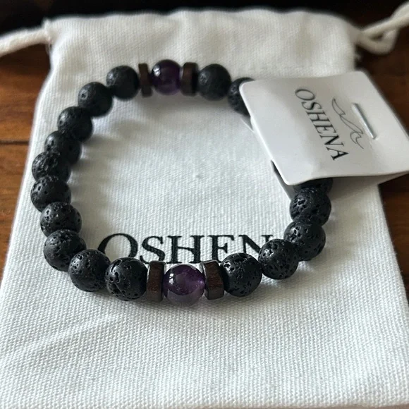 OSHENA Designer Beachwear Lava and Amethyst Bead Bracelet Free jewelry box!