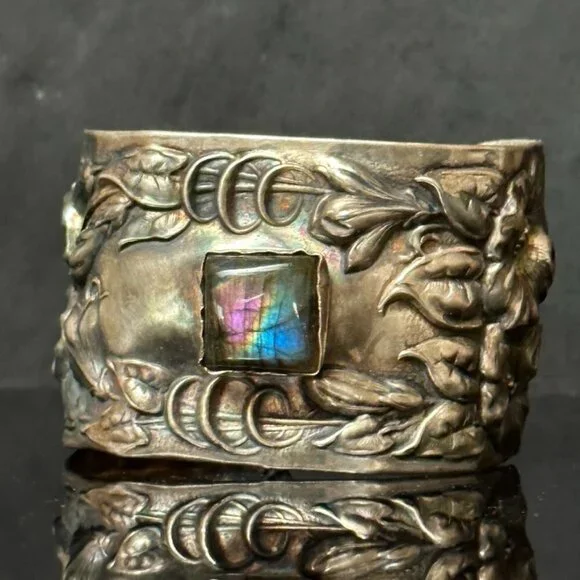 Labradorite Spectralite Sterling Silver 925 Cuff Bracelet Wide Floral Antique