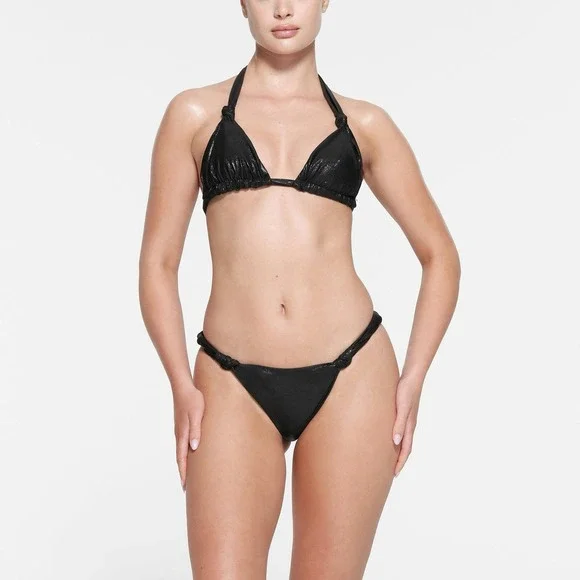 NWT Skims Liquid‎ Shine Swim Knotted Cheeky Tanga Bikini Bottom Onyx Size Medium