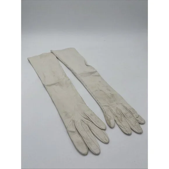 Vintage Womens Saks Fifth Avenue White Leather Long Gloves 7 1/2 Made in France