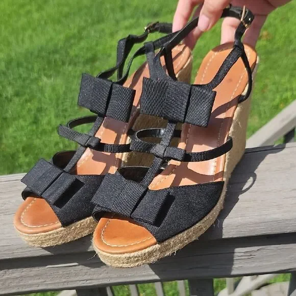 Kate Spade Black Bow Espadrille Wedge Sandals Size 11