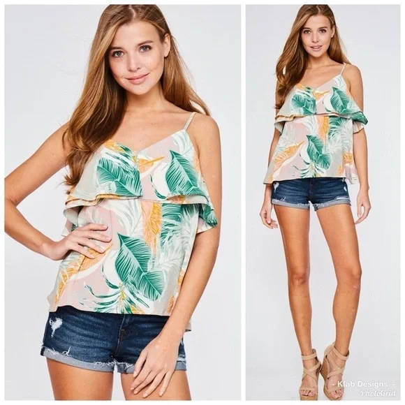 Summer Tropical Ruffled Flowy Adjustable Tank Top