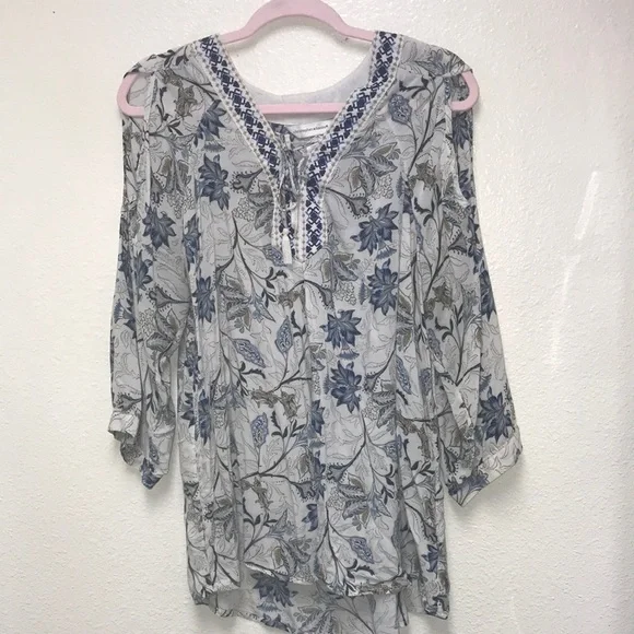 Christopher Banks Women’s Cold Shoulder Floral Peasant Boho 3/4 Sleeves Top XL
