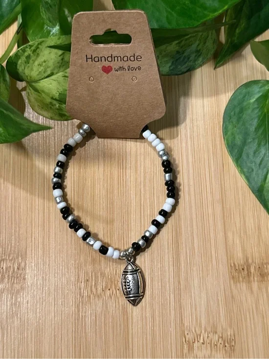 🏈✨ Football Stretchy Beaded Bracelet | Handmade | Silver Football Dangle Charm