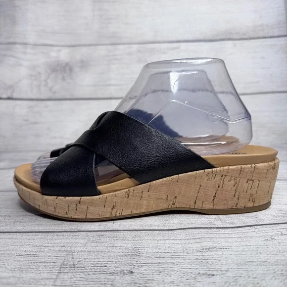 Kork-Ease Black Leather Crisscross Platform Wedge Slide Sandals K59703 Womens 8M