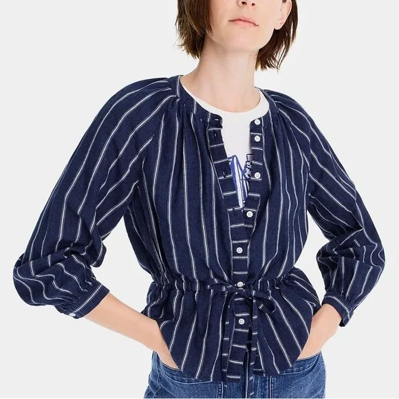 J. Crew Tie Waist Linen Blend Striped Gauze Top Blouse Women's‎ 8 Navy Casual