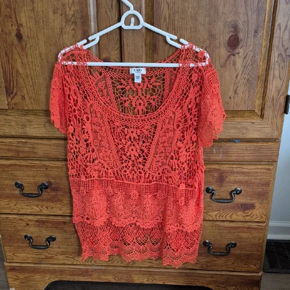 Cato Orange Lacy Beach Cruise Swim Coverup Top 18/20W
