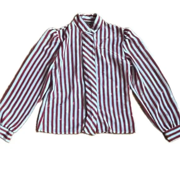 Vintage 80s L'Tonary Red & White Striped Blouse Puff Sleeve Button Up Medium