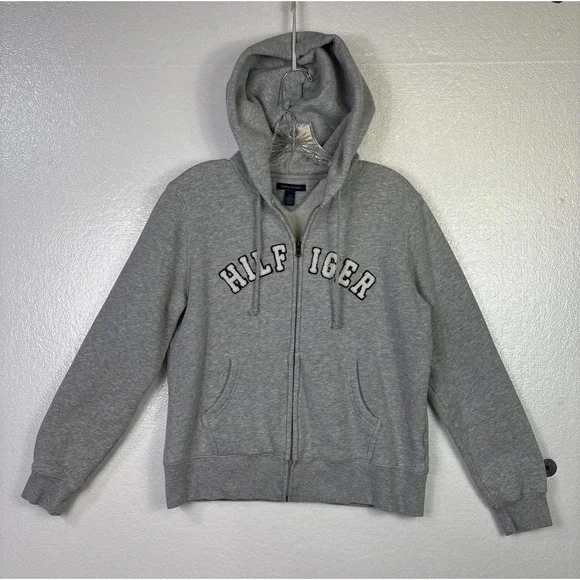 Tommy Hilfiger Hoodie Jacket Womens Sz L‎ Gray Spell Out Logo Zip-up Athletic