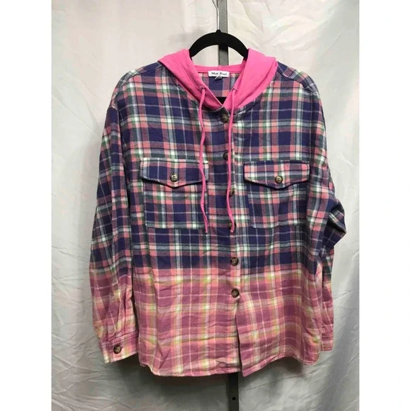White Birch Plaid Flannel‎ Hoodie Shirt Pink Purple Bleached Dip Dye Size L
