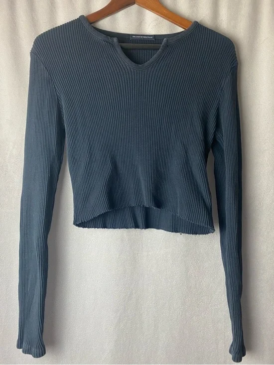 Brandy Melville Y2K Ribbed Long-Sleeve Crop Top in Slate Blue 0-4 OS