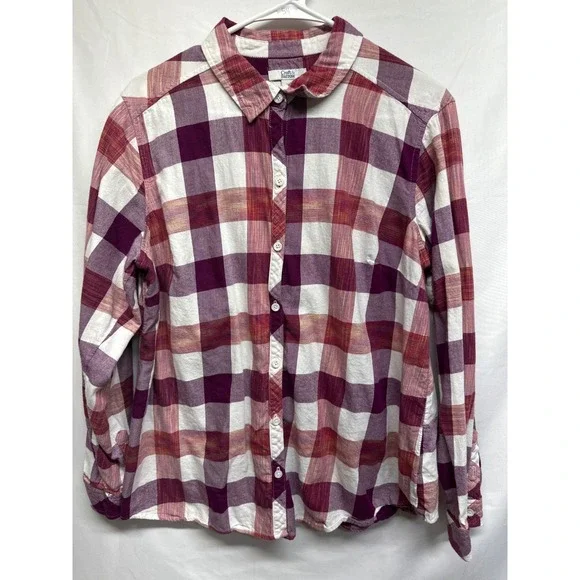 Croft & Barrow Womens XL‎ Plaid Button Down Shirt Long Sleeve Burgundy White