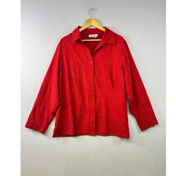 Sag Harbor Red Scroll Print 2X‎ Collared Long Sleeve Botton Down Shirt