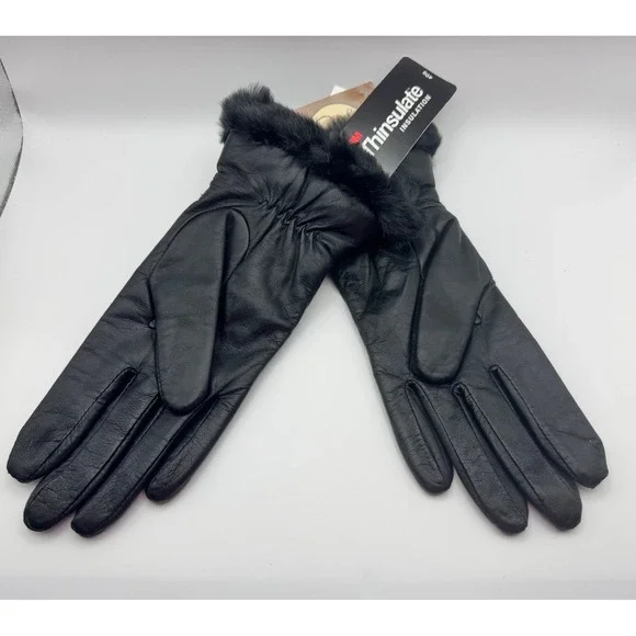 Vintage Fownes Leather Gloves Black Faux Fur Trim Thinsulate‎ Insulation Women's