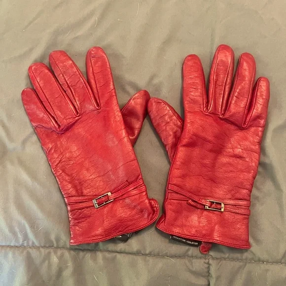 Red leather gloves with buckle detailing