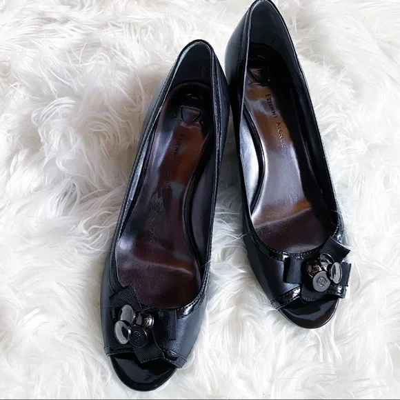Etienne Aigner Black Peep Toe Patent Wedges SZ 8.5