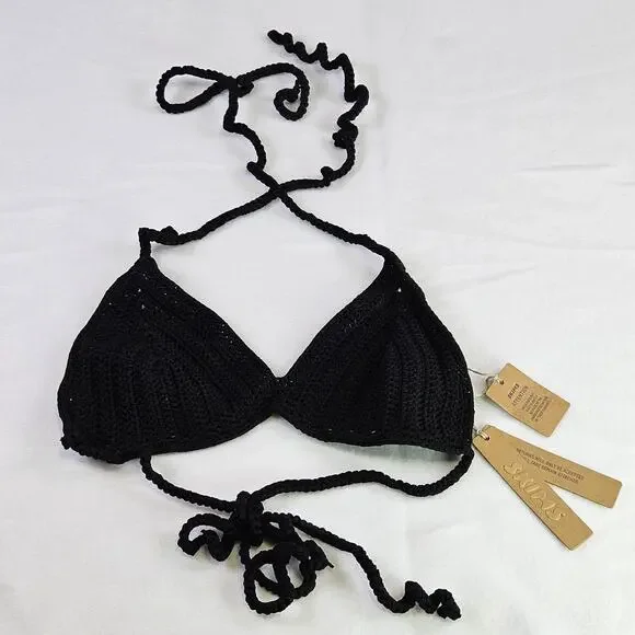 Skims Crochet Swim Triangle Bikini Top M Black Onyx Knit String Boho Beach NWT