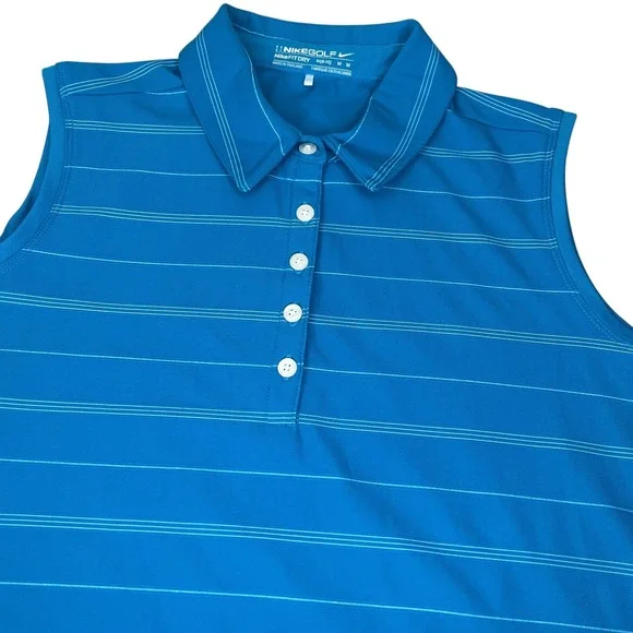 Nike Golf Womens Teal Blue White Striped Sleeveless Polo Shirt Nike Fit Dry Med