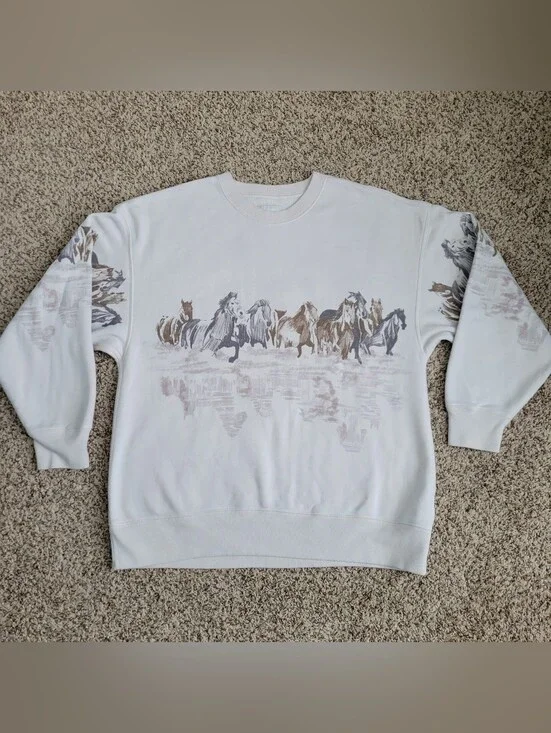 Abercrombie & Fitch Sunday Sweatshirt Horses Western Beige Brown Gray Large