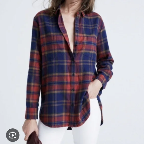 #1837 Madewell Navy and Red Plaid Oversized Boyfriend Flannel Shirt Sz.S
