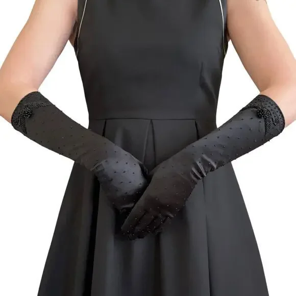 Vintage Beaded Black Satin Upper Forearm Long Formal Evening Gloves Size S/M