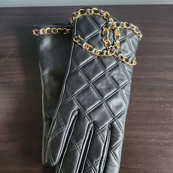 Black Quilted Gloves with Gold Chain Detail