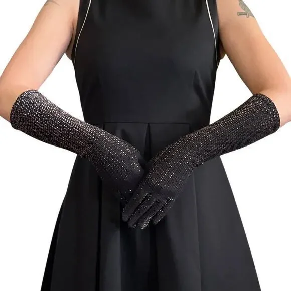 Vintage Sparkling Silver Black Long Forearm Gloves - Size S