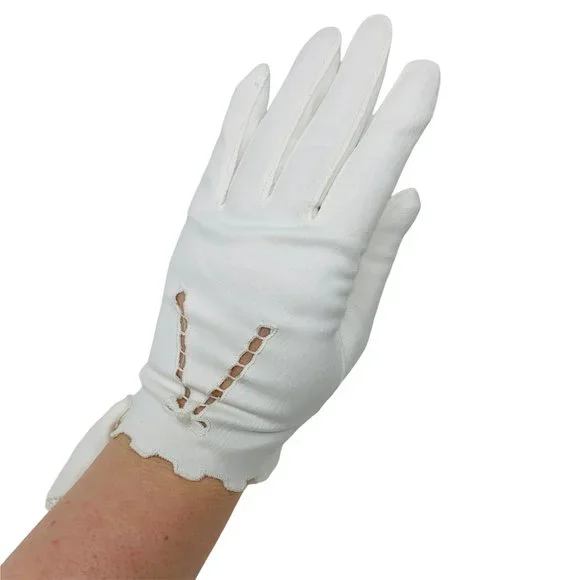 Vintage White Nylon Embroidered Bow Womens Gloves Deadstock Van Raalte