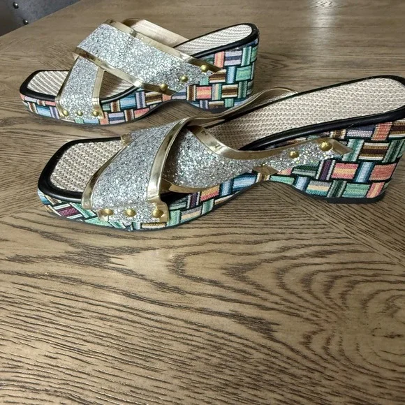 Silver Glitter Multi-Color Woven Wedge Sandals Y2K 90's Disco Square Toe Size 11