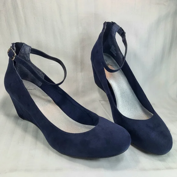 It's Ok Amal Blue SHOES Womens Size 11 Wedge Heels Strapped Ankle Zip Closed Toe