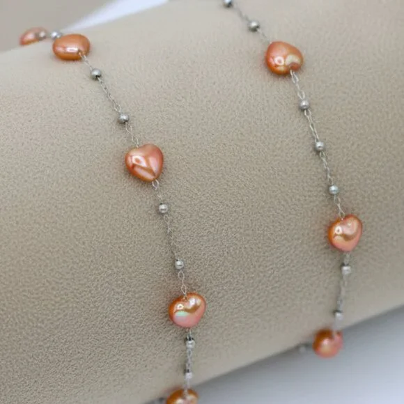 💖PEACH ORANGE HEART PEARL Minimalist Jewelry Set - Bracelet & Anklet, RC102