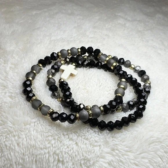 Beaded Bracelet Set of 3 w/Cross Charm on Black & Mirrored Grey & Gold Tone NWOT