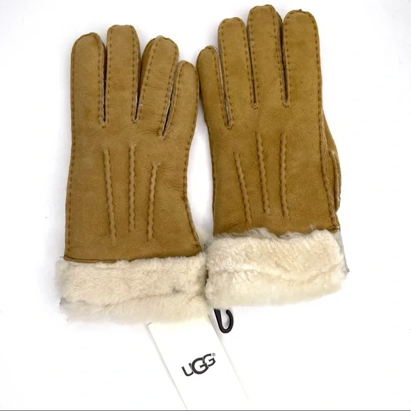 UGG Exposed Sheepskin Shearling Cuff Glove NEW Hand Sewn Size M Chestnut
