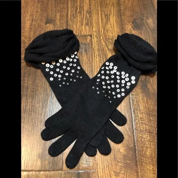 Black vintage wool scrunch glitter gloves