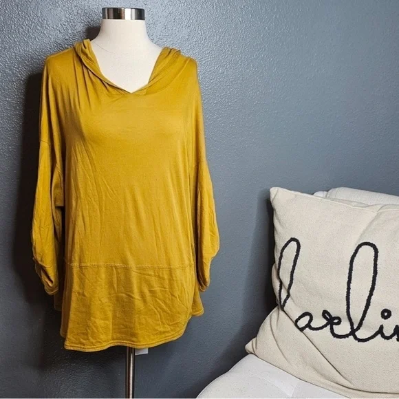 #125 Free People Mustard Yellow Oversized Hoodie Top Boho Slouch Lg Sleeve Tunic