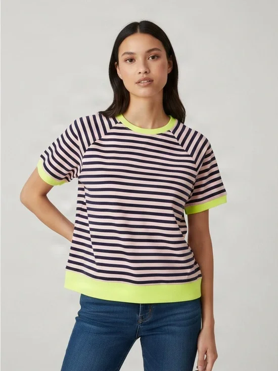 Striped Short-Sleeve Knit Top in Pink and Navy with Neon Trim