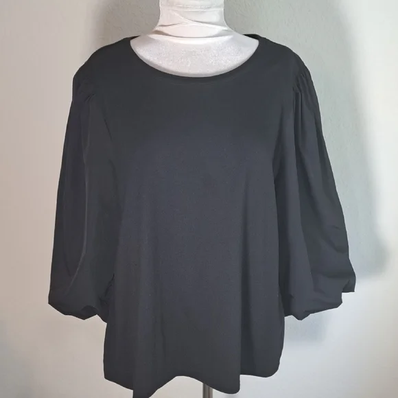 Chico’s Women’s Top Black Knit Silky 3/4 Puffed Sleeve Elastic Crew Neck Size XL