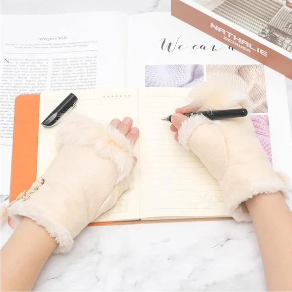 Beige Fingerless Gloves with Fur