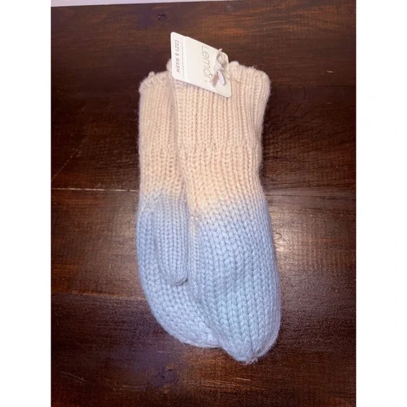 Lemon Cozy & Warm Women Ombre Knit Mittens Beige Blue Faux Shearling Lined NWT