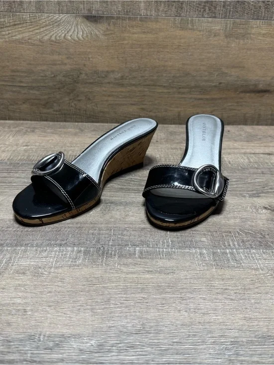 Ann Taylor Black Patent Cork Wedge Slide Sandals