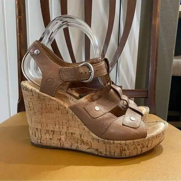 Born Shoes Brown Tan Strappy Cork Wedge Sandals