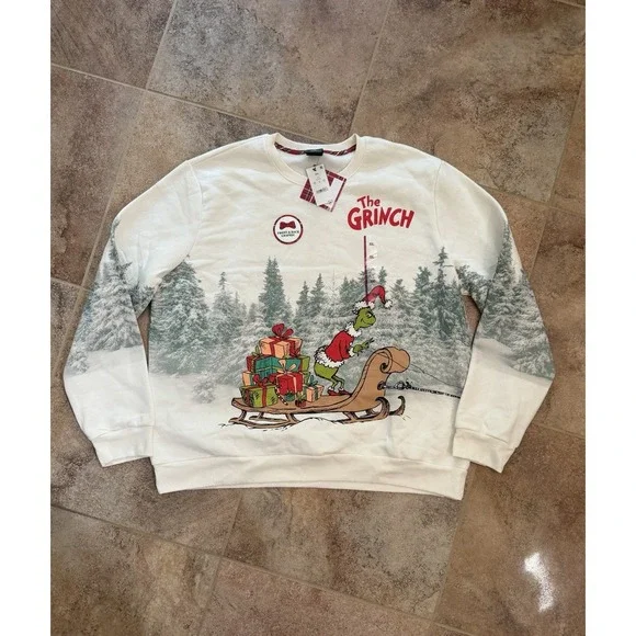 Dr. Seuss Adult Front-and-Back The Grinch Graphic Sweatshirt-Cream Sz XXL NWT