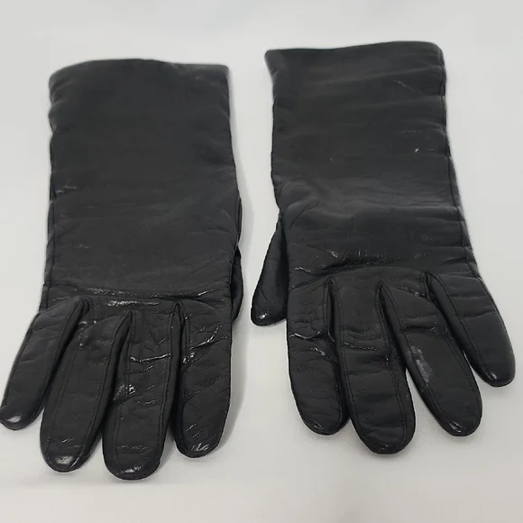 Aris Black Leather Cashmere Gloves Size 6 1/2