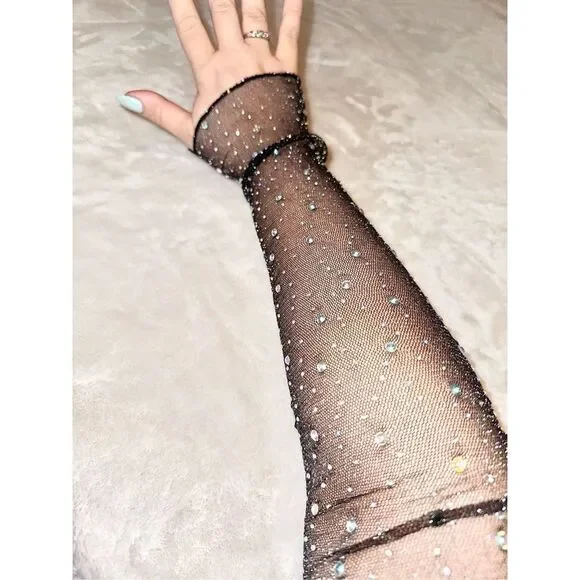 Fingerless Super sparkly black iridescent rhinestone mesh gloves