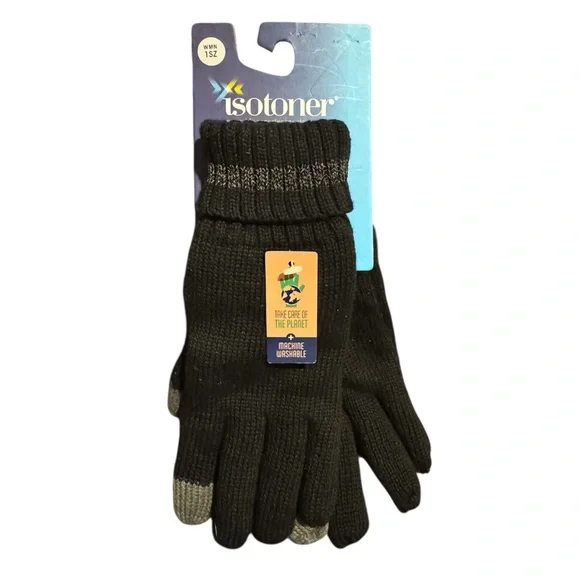 NWY Isotoner Black Knit Gloves SmarTouch Technology Gift Stocking‎ Stuffer