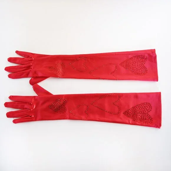 Red Extra Long Satin Gloves with Rhinestones