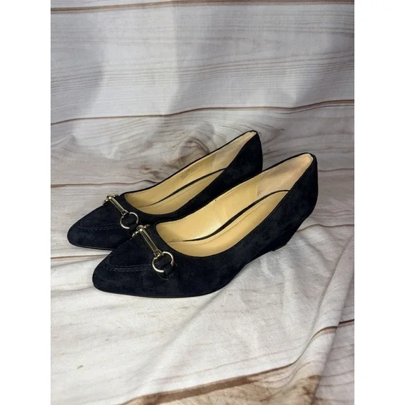 Talbots Black Suede Leather Wedges Horsebit Size 7M Classic Timeless‎